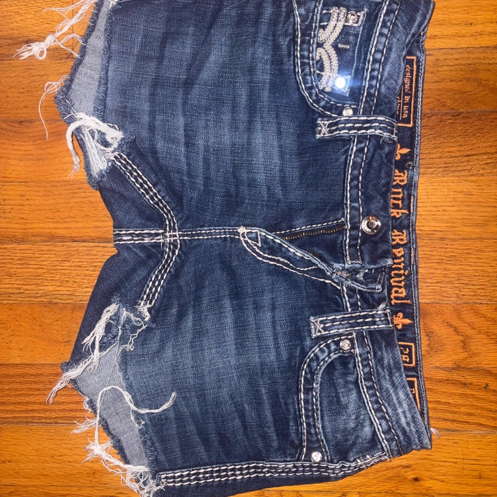 Rock Revival Blue Denim Shorts with Orange Accents